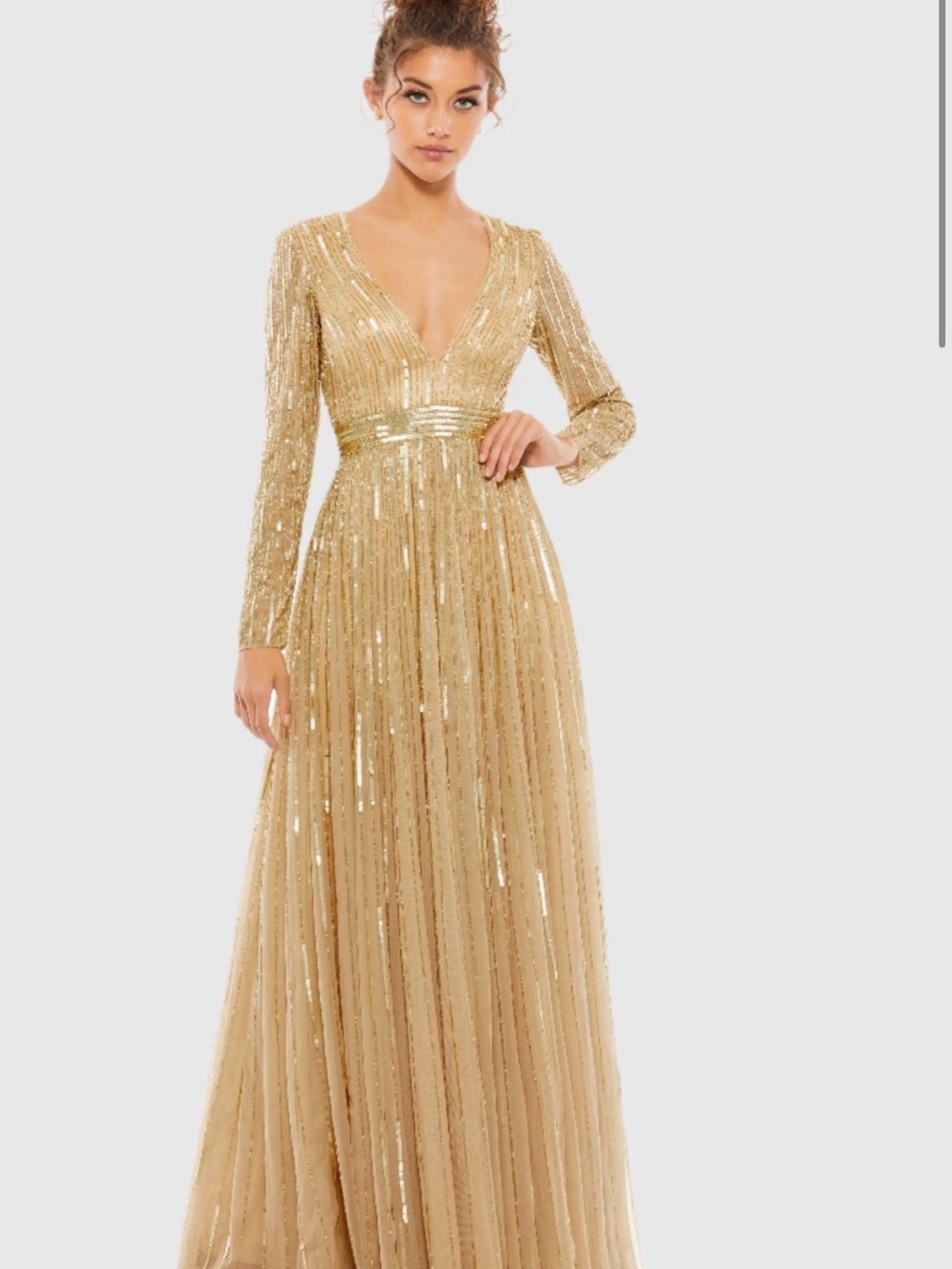 Mac Duggal Gold Sequin V-Neck Long Sleeve Gown
